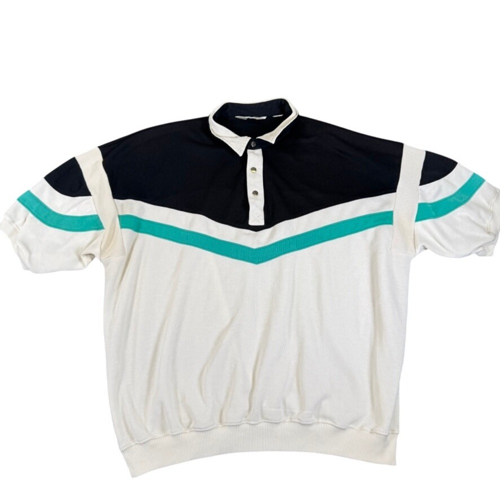 Vintage Action Colorblock Chevron Polo Shirt Mens 2X Black White Teal Retro Snap